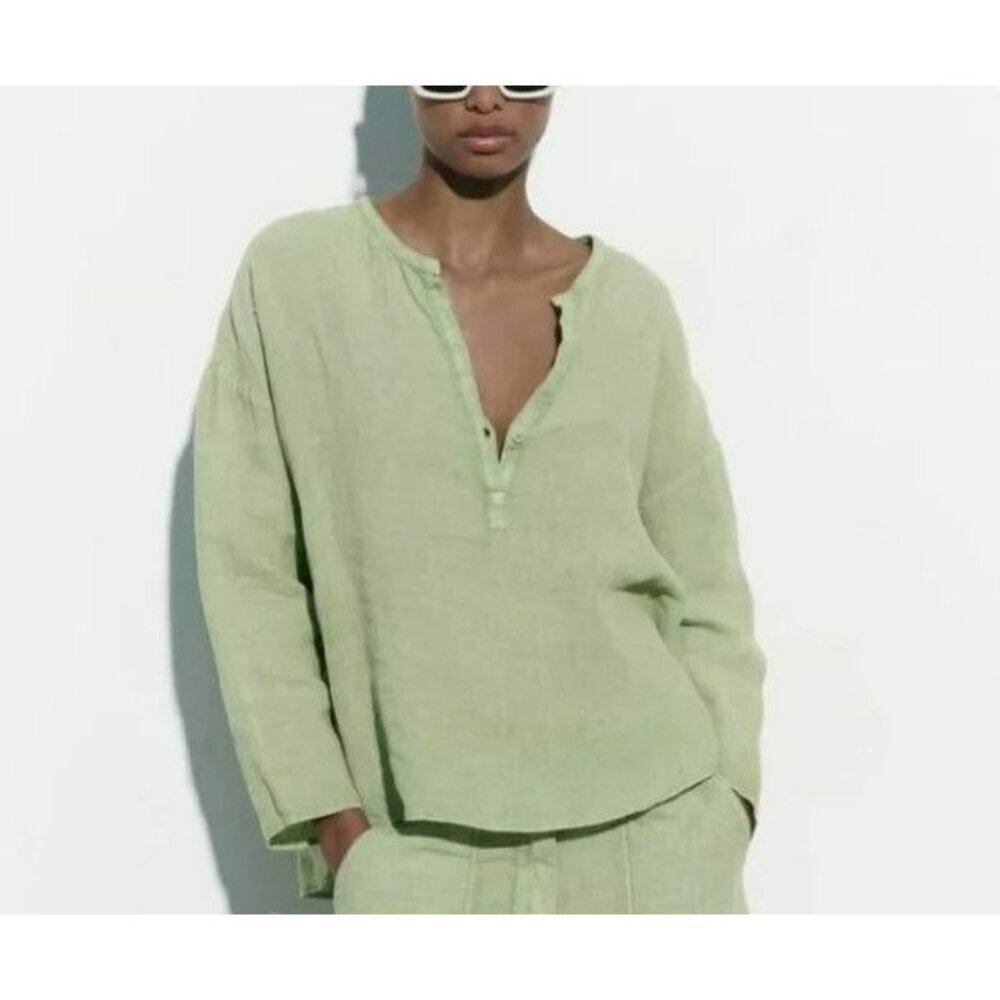Zara Sage‎ Green Oversized Linen Long Sleeve-Slit Blouse Size Small - Picture 4 of 15